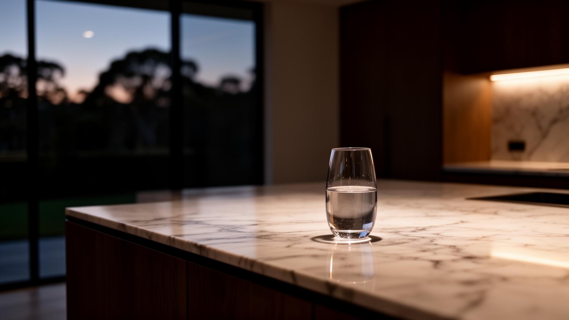 A glass of pure VERO water on a marble countertop at dusk